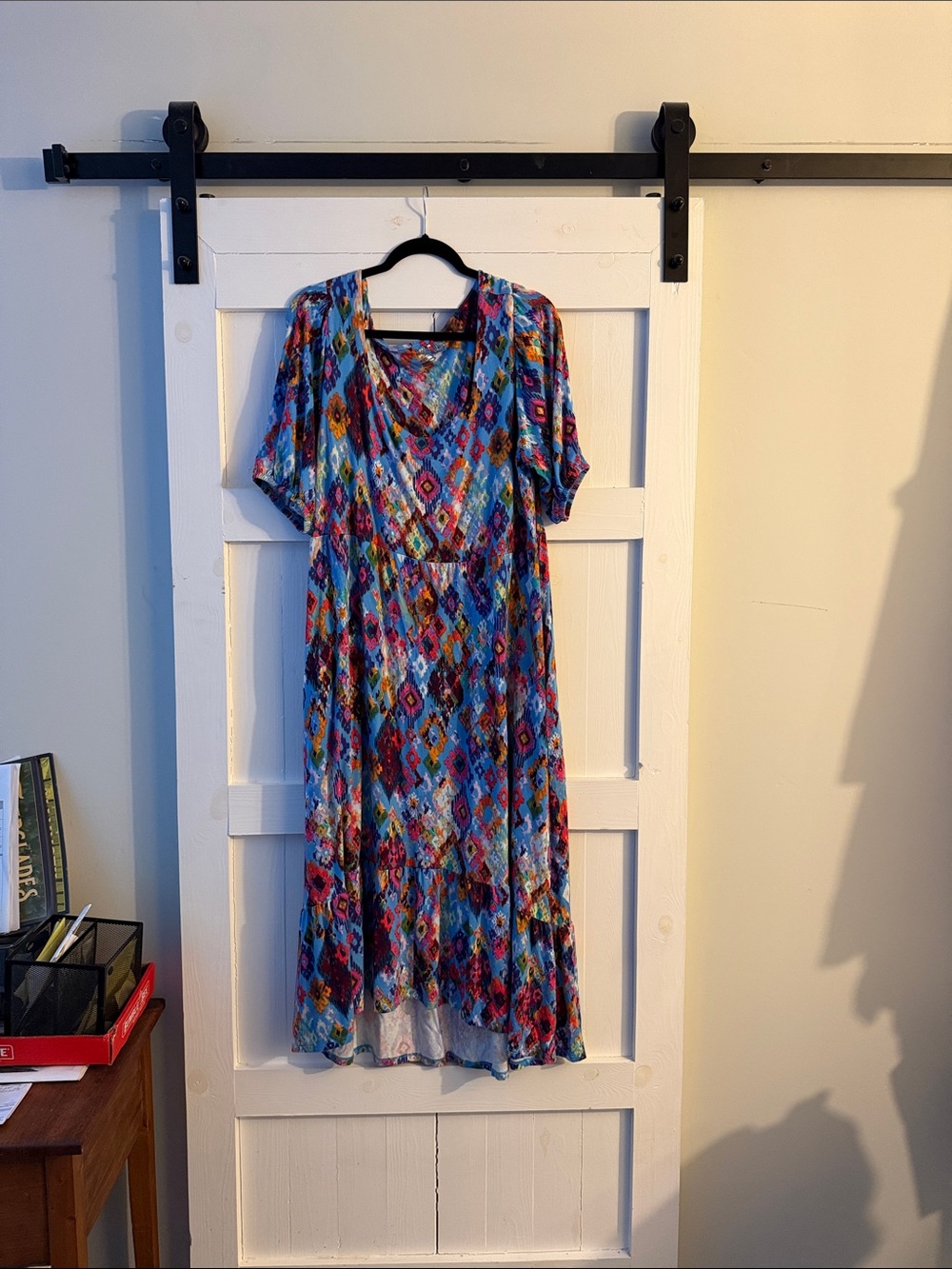 Colorful Blue Multicolor Maxi Dress with Draped Neckline
